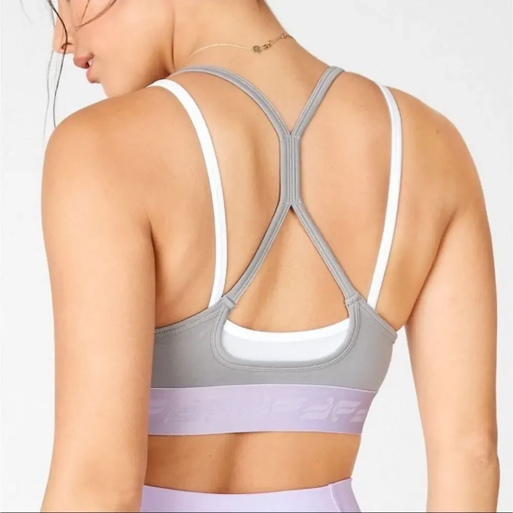 XS Fabletics layered strappy gray white & lavender athletic sports bra